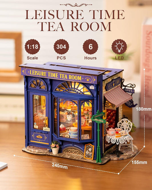 ROBOTIME DIY Tea Room Dollhouse Kit – Wooden Miniature with LED Lights & Furniture Gift Set Everware Hub