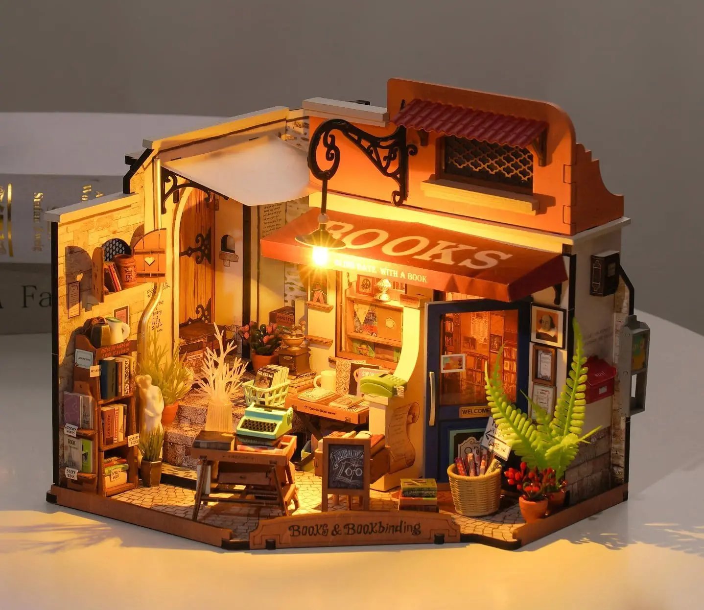 Robotime DIY Miniature Bookstore Kit – Wooden Dollhouse with LED Lights (DG164) Everware Hub