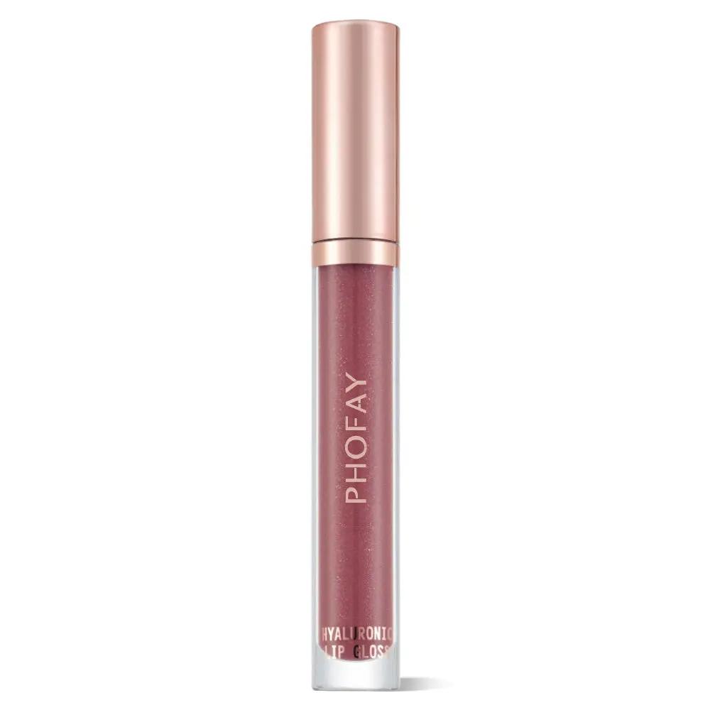 Sleek tube of PHOFAY Hyaluronic Lip Gloss in deep mauve with rose gold cap and white logo text.