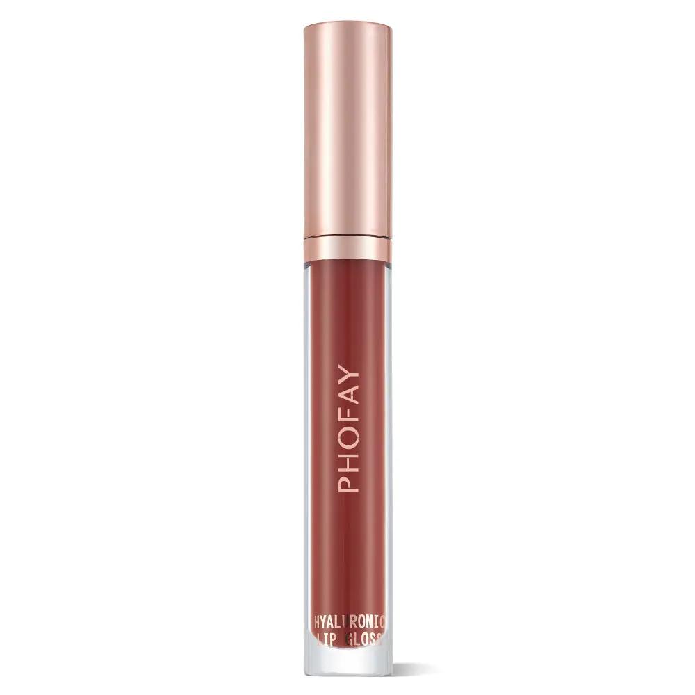 PHOFAY deep red hyaluronic lip gloss with rose gold cap and clear branding text.
