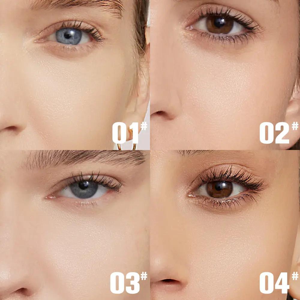 Four close-up faces showing PHOFAY foundation shades 01, 02, 03, and 04 with matte, smooth coverage.