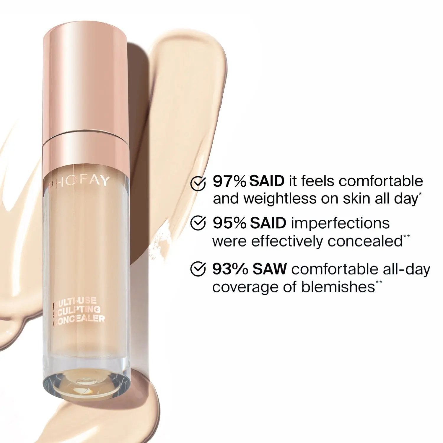 PHOFAY Super Coverage Concealer bottle with creamy beige liquid swatch and claims on comfortable, weightless all-day wear.
