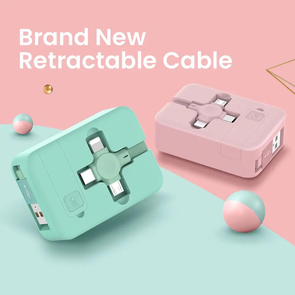 4-in-1 Retractable USB Cable with Stand – Type-C, iPhone, Micro USB Everware Hub