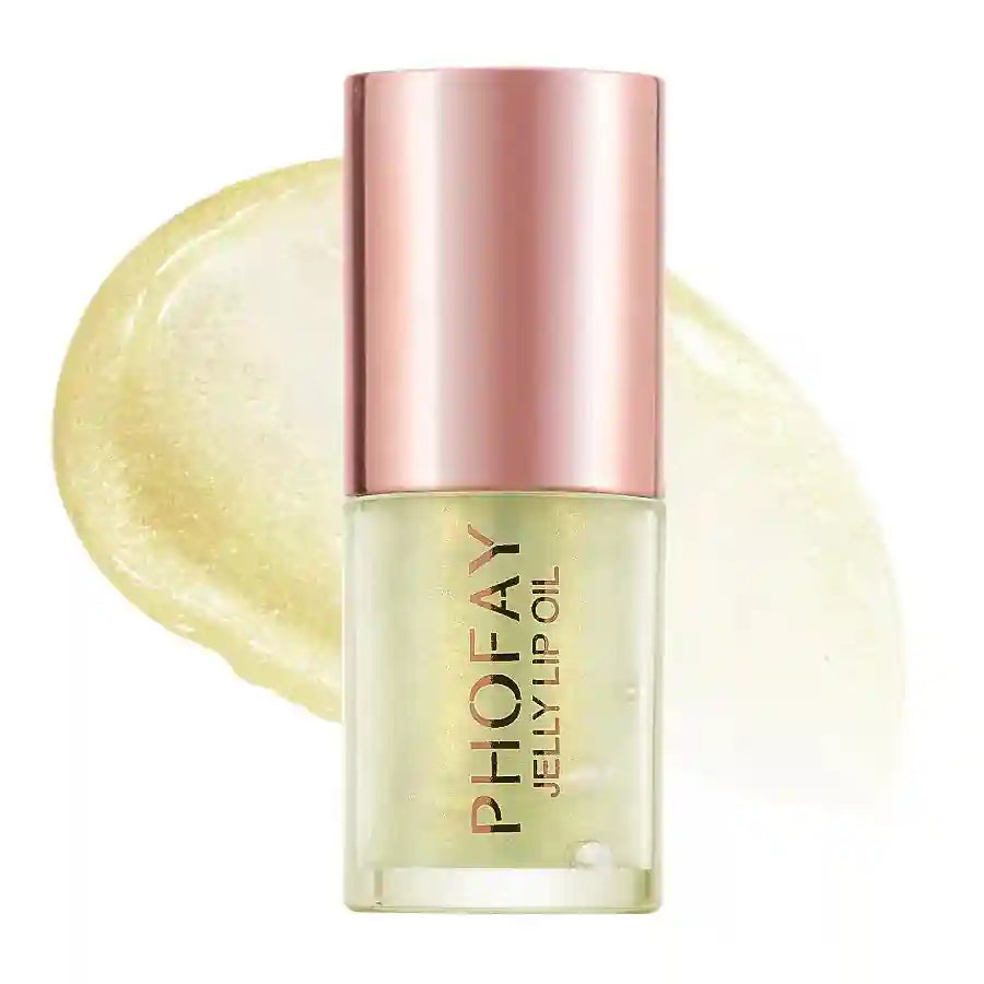 Clear PHOFAY Jelly Lip Oil in frosted glass bottle with rose gold cap and subtle yellow tint lip oil swatch behind.