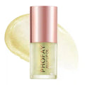 Clear PHOFAY Jelly Lip Oil in frosted glass bottle with rose gold cap and subtle yellow tint lip oil swatch behind.
