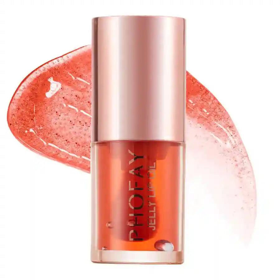 PHOFAY Jelly Lip Oil in translucent coral shade with rose gold cap and glossy finish.