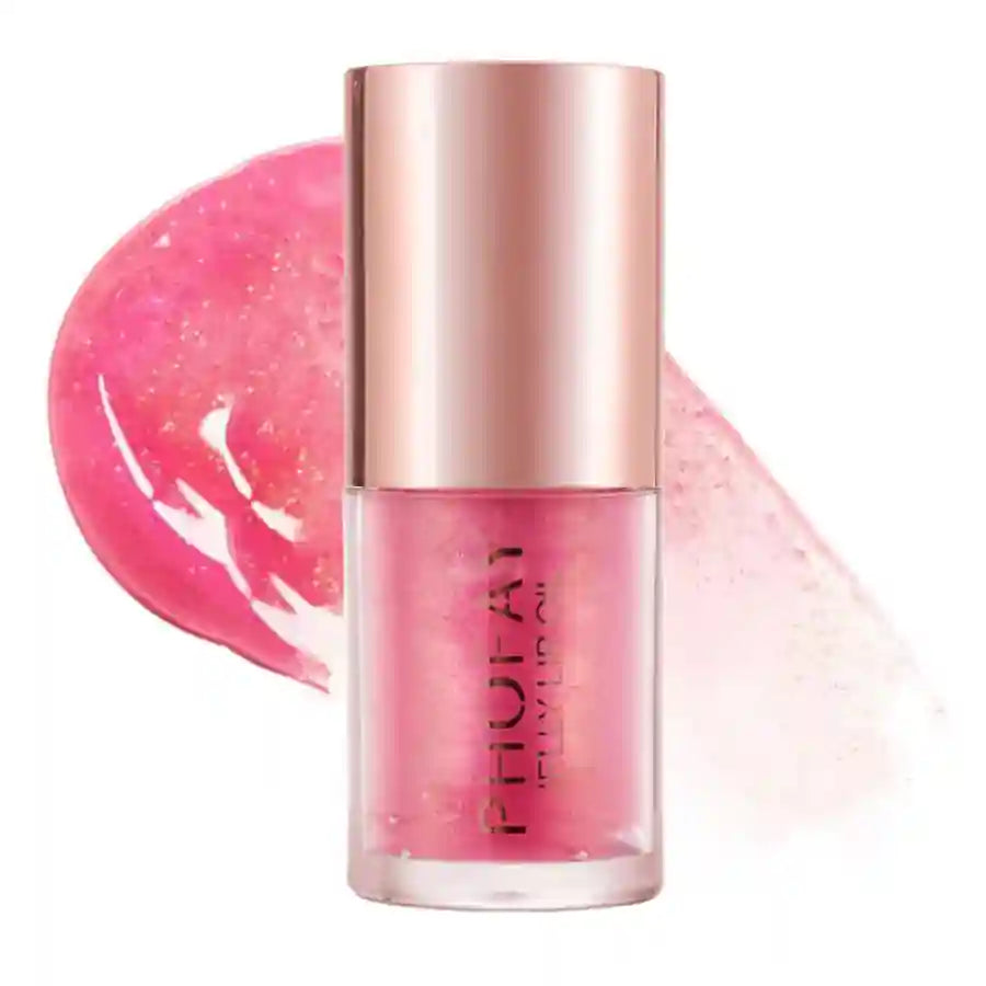 PHOFAY Jelly Lip Oil in shimmering pink with rose gold cap and glossy texture swatches behind bottle.