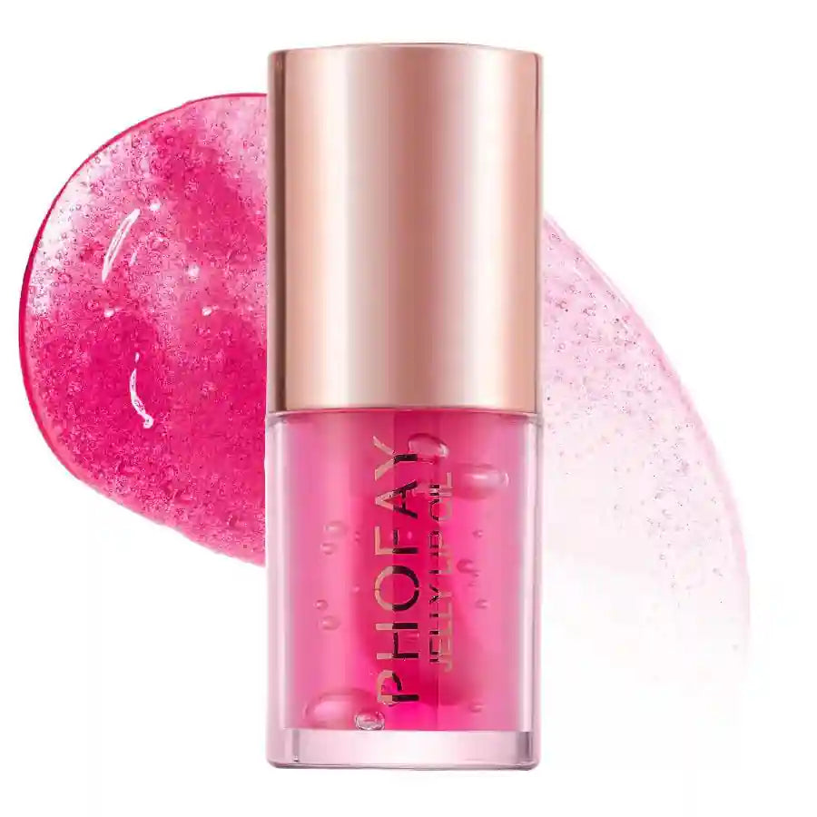 Pink PHOFAY Jelly Lip Oil with rose gold cap and glossy, translucent texture swatch behind bottle.
