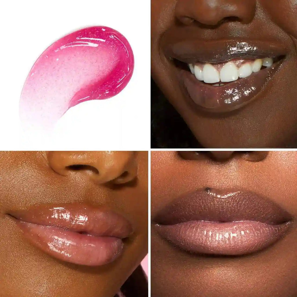 Glossy clear pink lip oil swatch; lips with high-shine natural lip oil gloss in varying skin tones showing hydrating,.