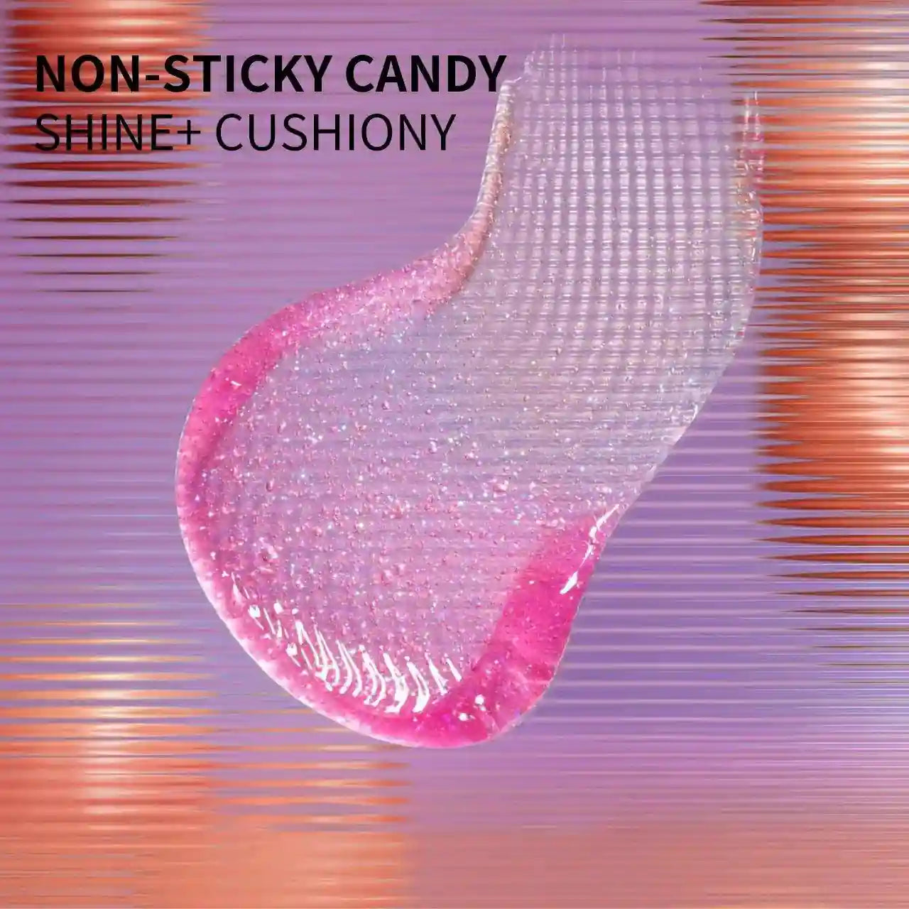 Clear glossy pink jelly lip oil swatch with sparkling hydration effects on iridescent background.