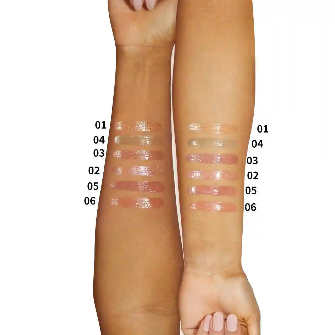 Swatches of six shades of PHOFAY Jelly Lip Oil on medium and light skin tones showing clear, glossy, and slightly tinted lip .