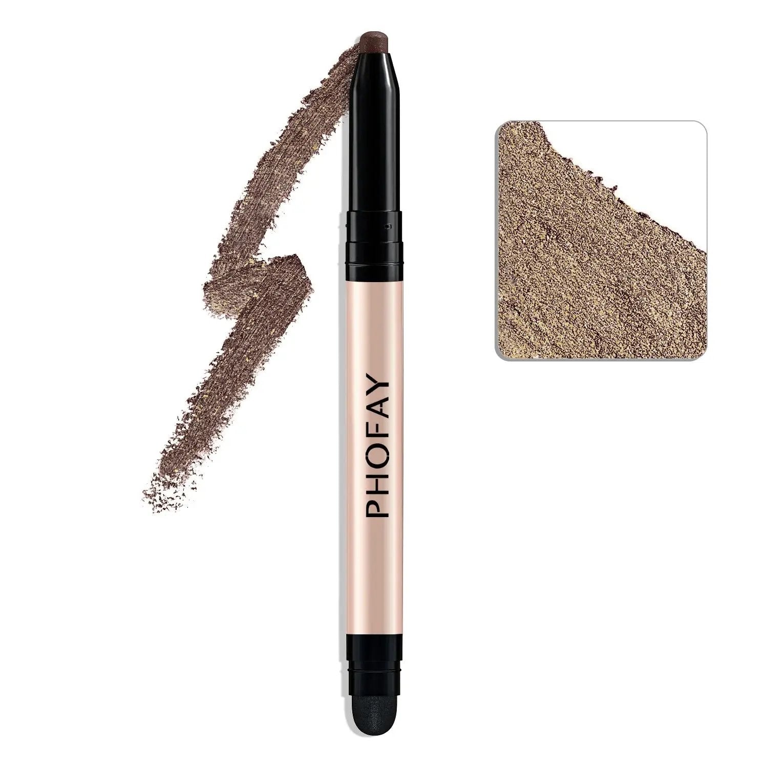 PHOFAY creamy brown eyeshadow stick with black twist-up base and smudge swatch on white background.