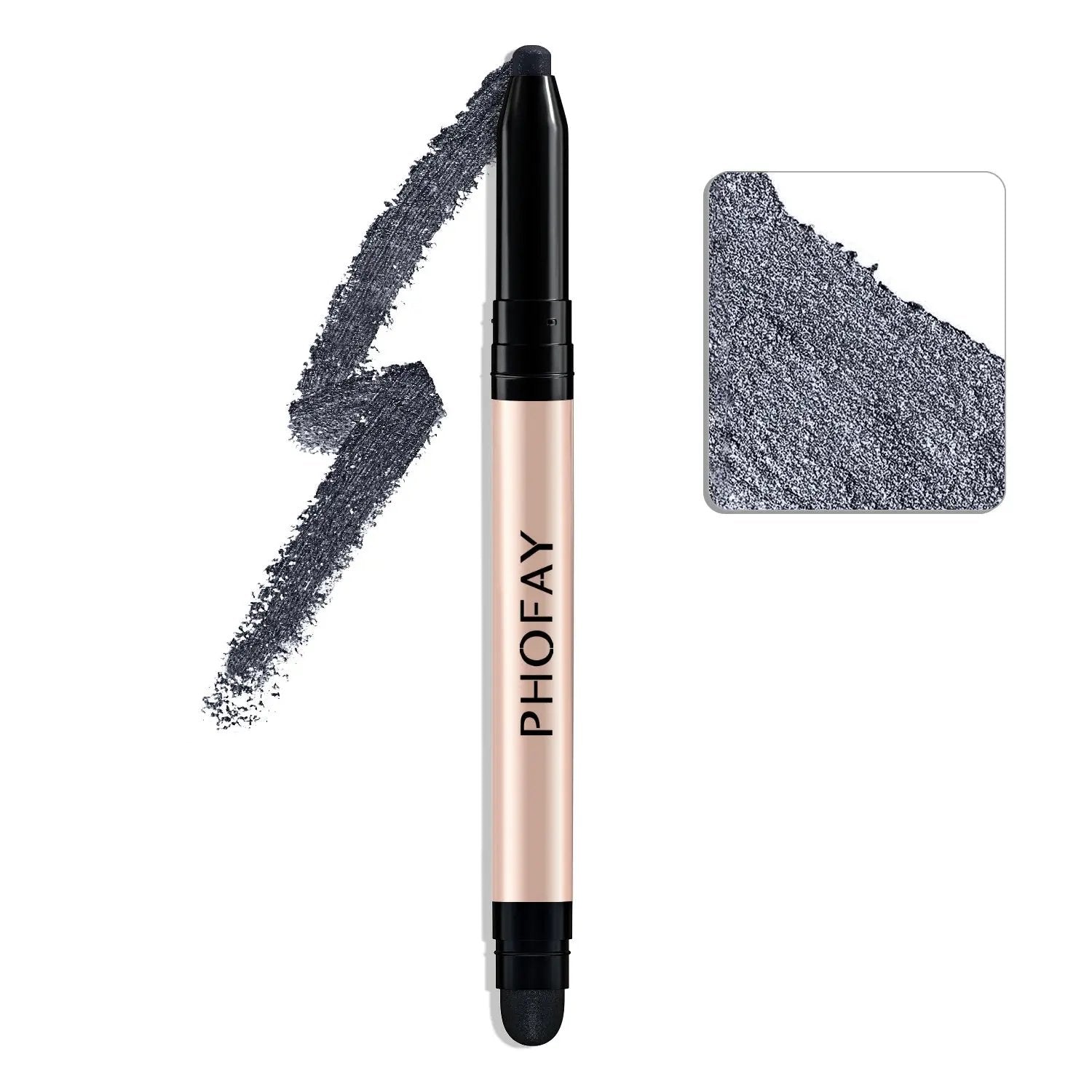 PHOFAY waterproof eyeshadow stick in shimmery dark gray with creamy texture swatch and close-up powder detail.