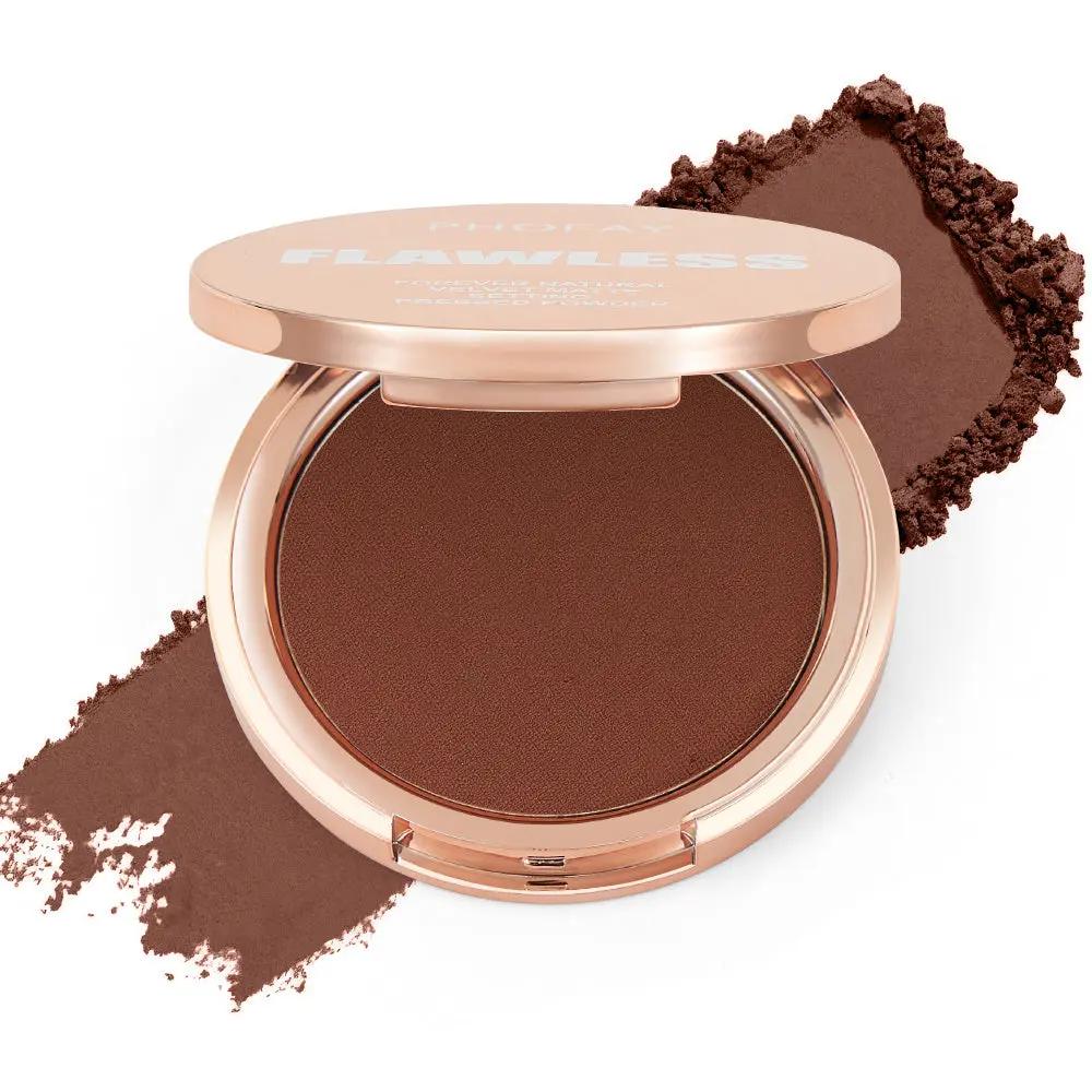 PHOFAY matte pressed setting powder compact in rich brown shade with smooth texture and rose gold lid.