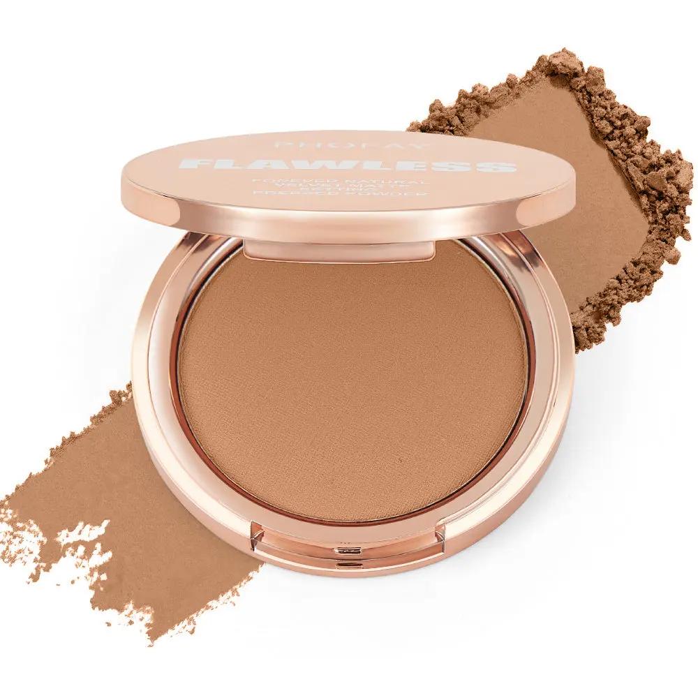 PHOFAY matte pressed setting powder in beige shade with smooth texture and rose gold compact.