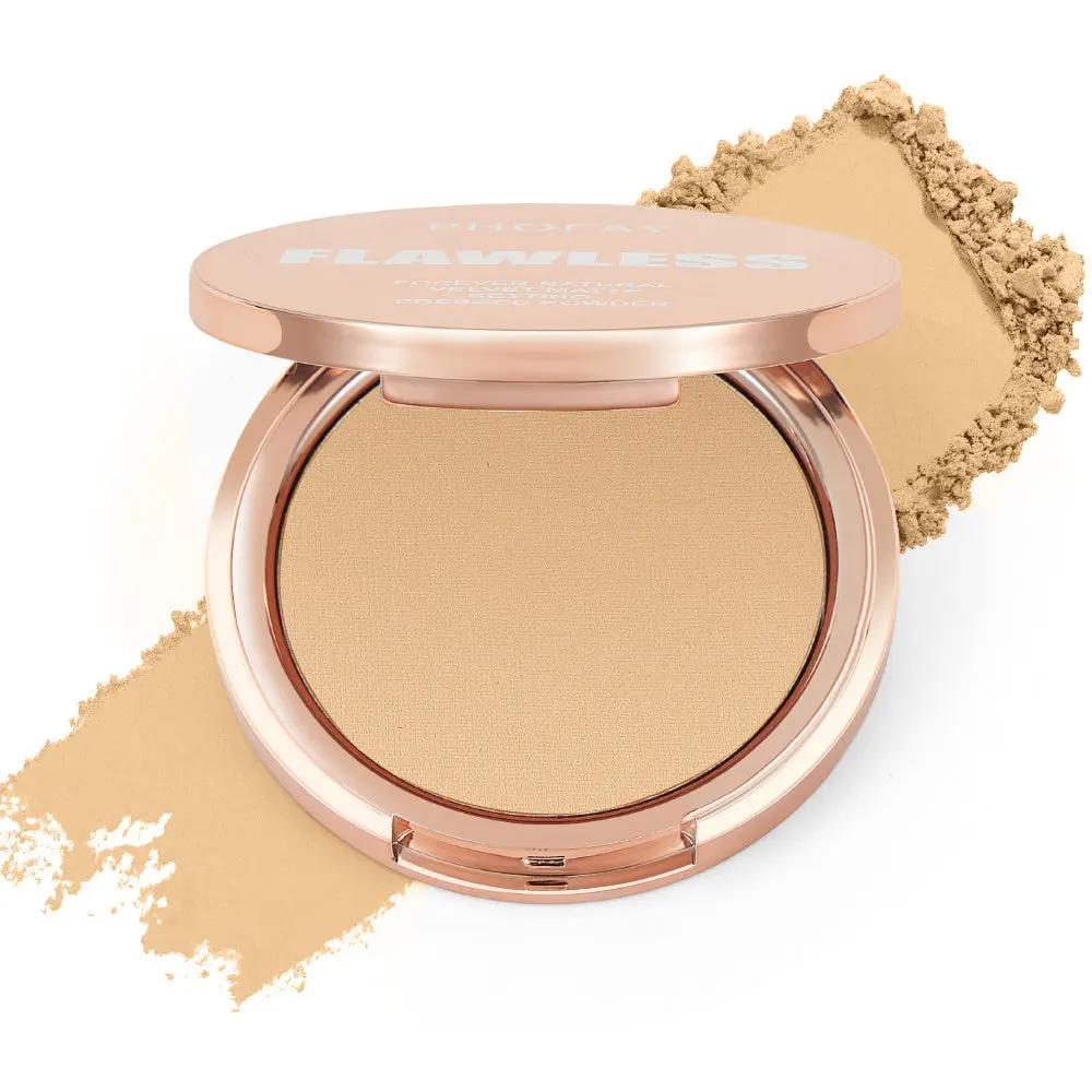 PHOFAY Matte Setting Pressed Powder in light beige shade with rose gold compact and smooth pressed surface.