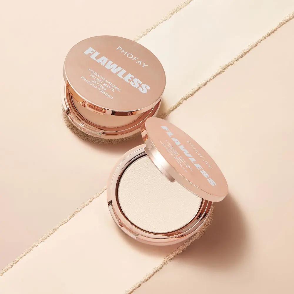 Rose gold compact pressed powder with "PHOFAY Flawless" label, one closed and one open showing light beige powder.