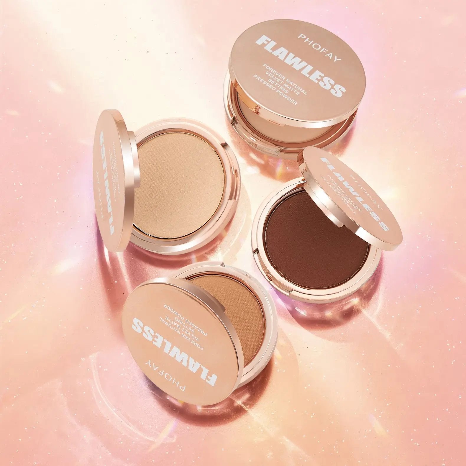 Three PHOFAY Matte Setting Pressed Powders in round beige compacts, shades of light, medium, and dark brown on pink.