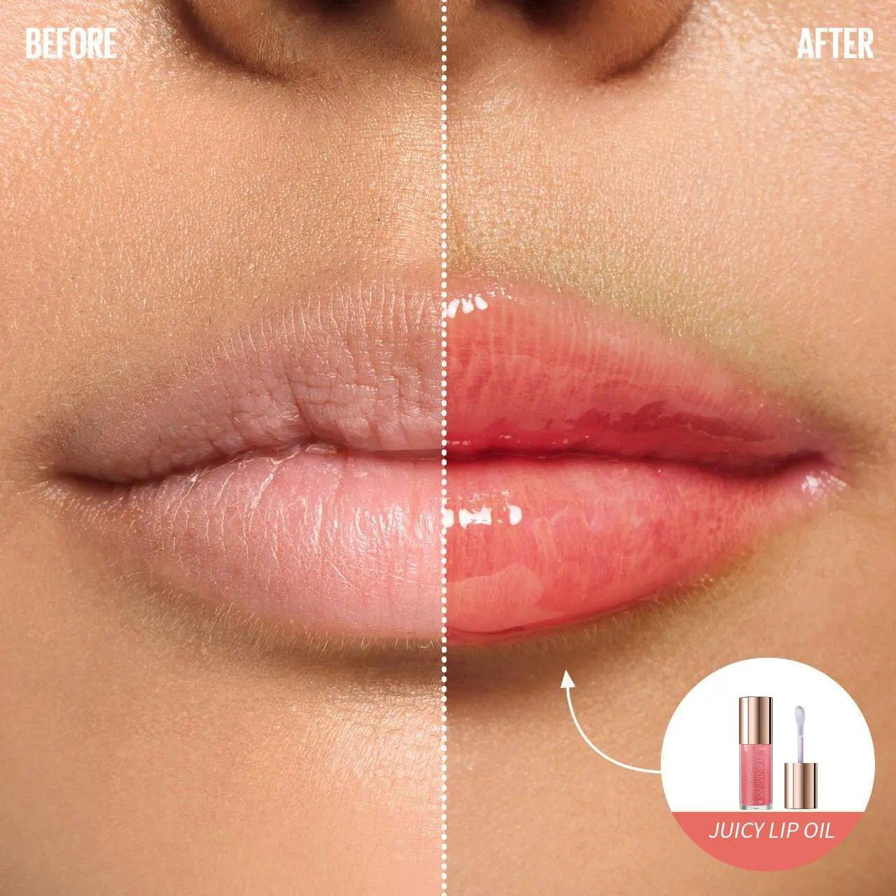 Close-up of lips before and after applying sheer, glossy pink PHOFAY Juicy Lip Oil with hydrating shine.