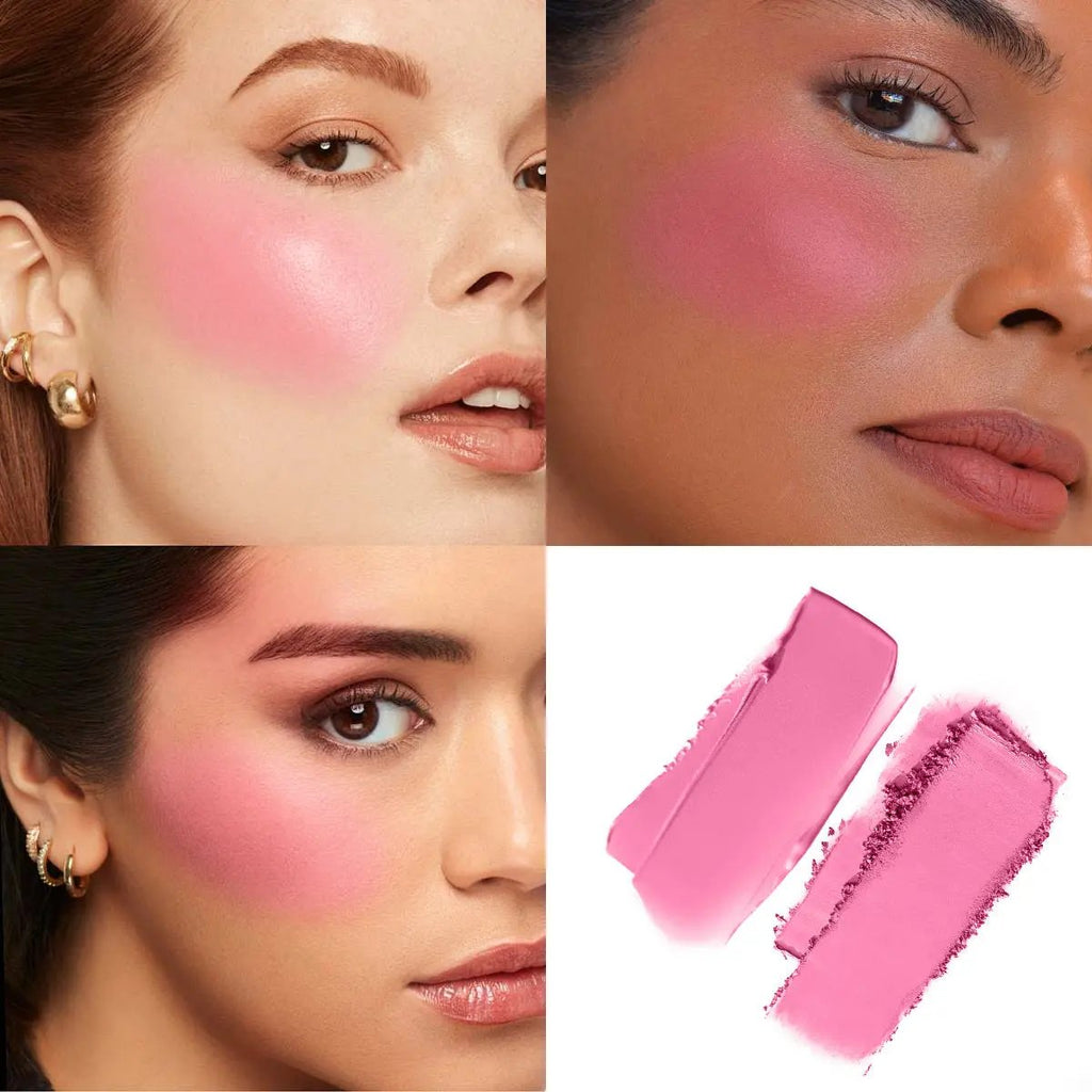 PHOFAY Double-Take Blush Duo showing cream and powder pink blush swatches and models with radiant pink cheeks.