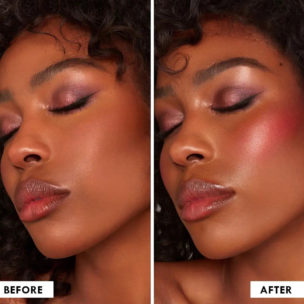Side-by-side close-up of a woman’s face showing natural skin tone before and rosy cream and powder blush with dewy finish.