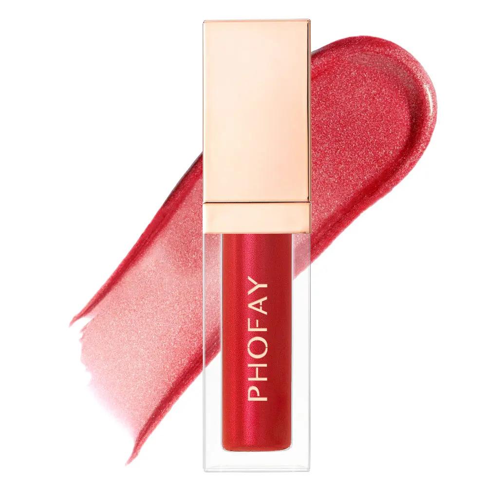 Red PHOFAY Ultra-Glossy Lip Gloss with gold cap and glossy, shimmering swatch behind.
