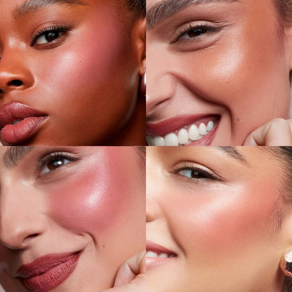 Close-up faces showing radiant, natural glow cheeks with cream and powder blush in warm, buildable shades.