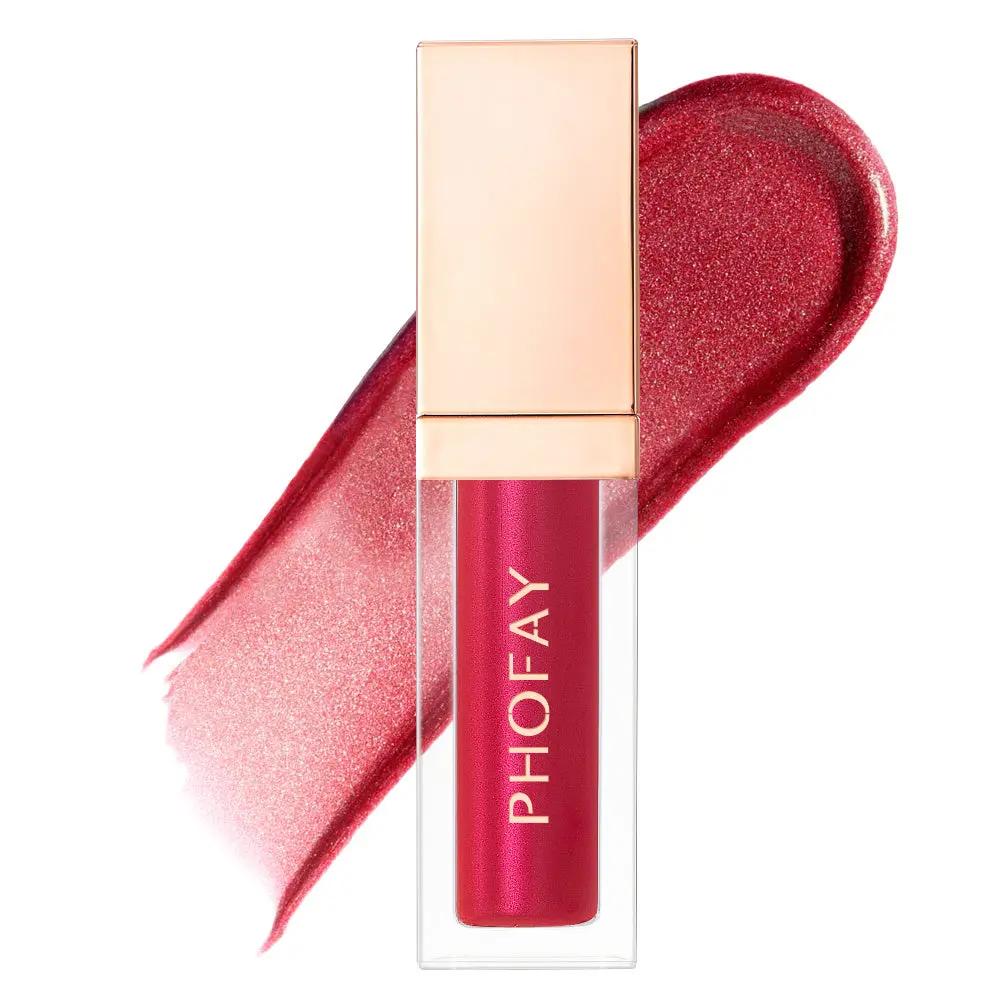 PHOFAY ultra-glossy lip gloss in deep pink with a shiny rose-gold cap and smooth, radiant texture swatch behind.
