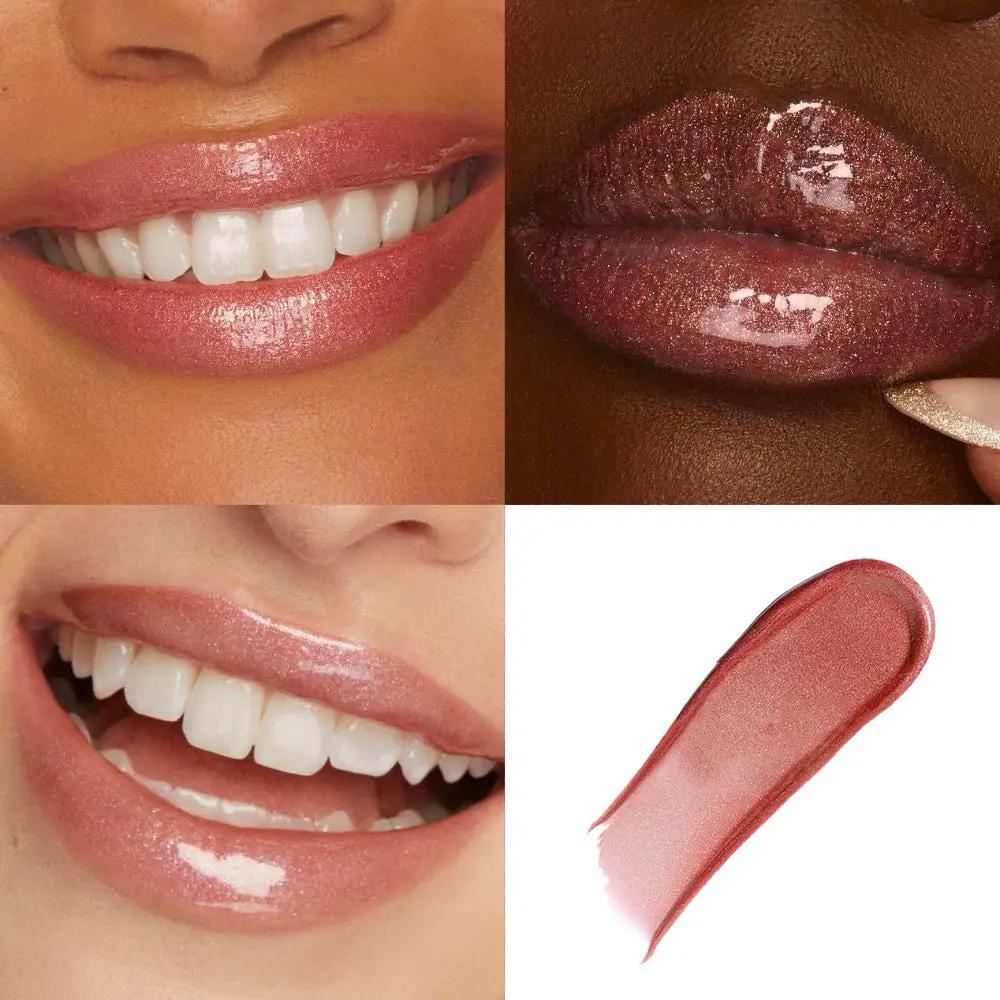 Glossy rose-pink lip gloss on diverse lips showing high-shine, smooth, moisturizing finish and swatch detail.