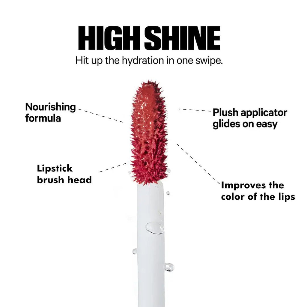 Lip gloss applicator with plush bristles and white handle, highlighted features callouts on hydration and color improvement.