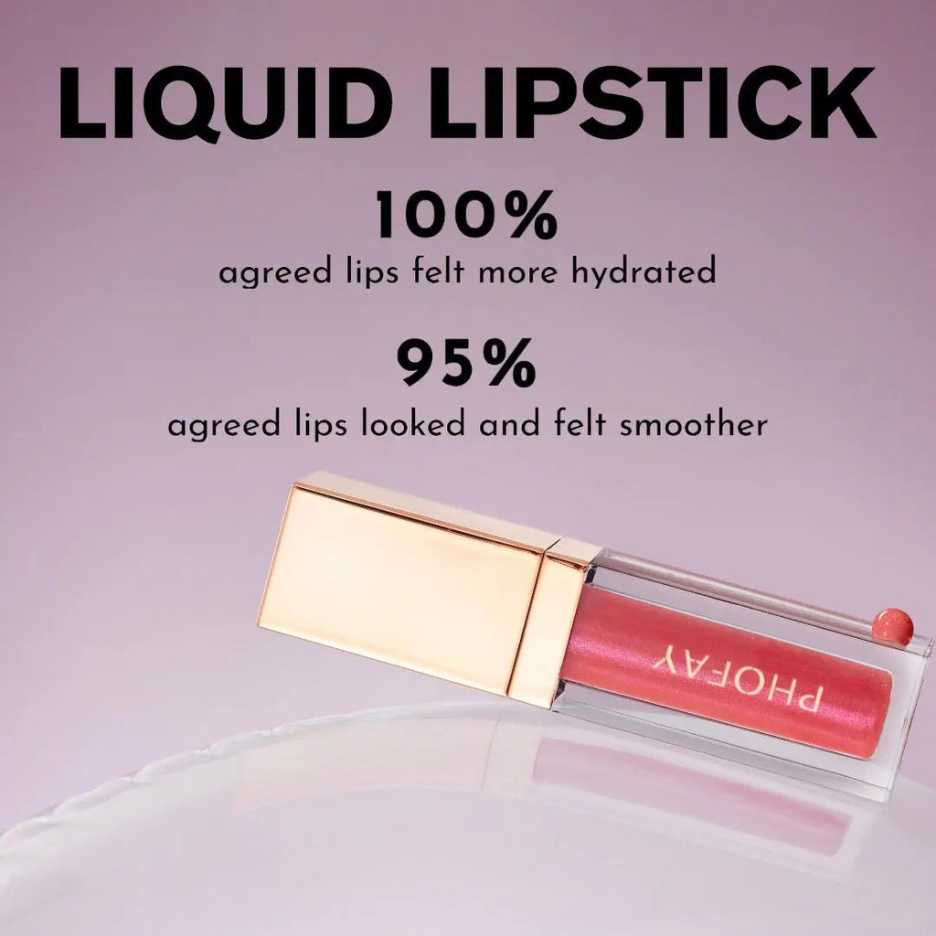 PHOFAY liquid lipstick in clear glossy tube with gold cap on light pink background.
