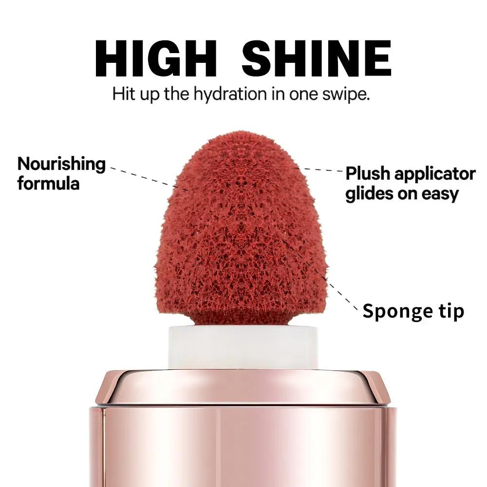 Matte rose pink sponge tip applicator on rose gold cushioned mousse liquid blush bottle.