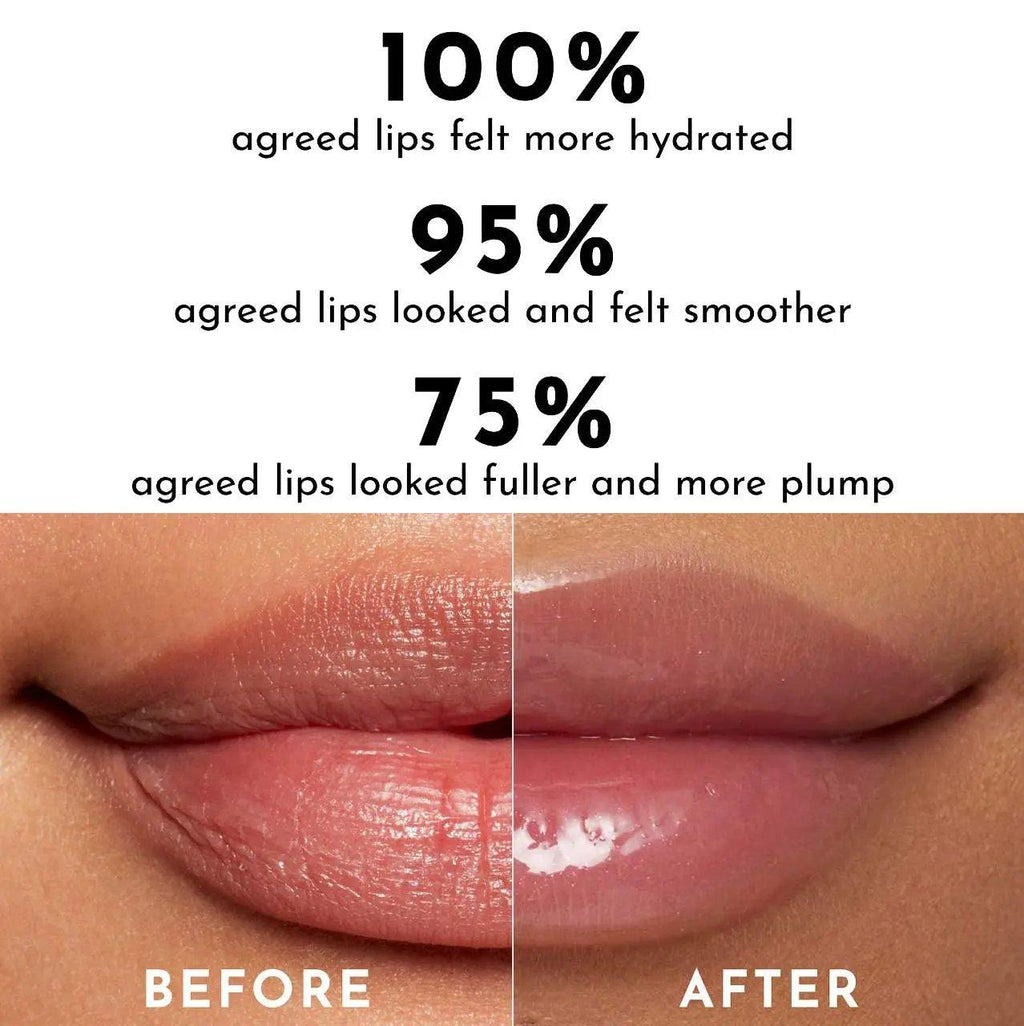 Close-up comparison of lips before and after applying clear, glossy hydrating lip gloss.