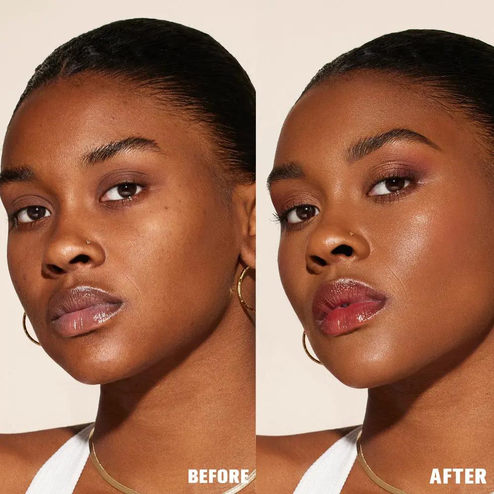 Before-and-after close-up of a woman’s face showing natural skin and radiant, dewy glow with subtle shimmer on cheekbones.