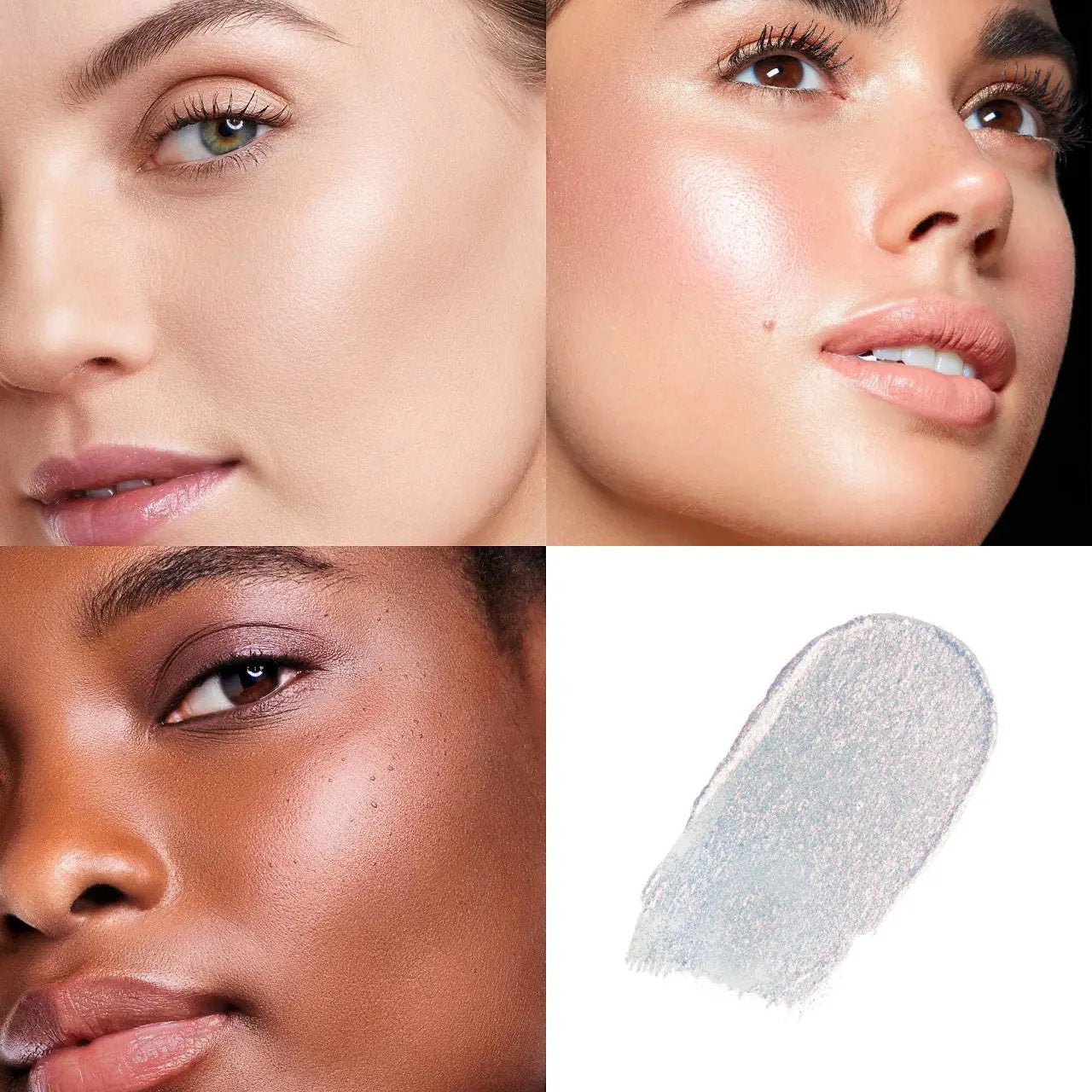 Collage of diverse models wearing dewy, radiant highlighter on cheekbones and a silver shimmer liquid swatch with silky.
