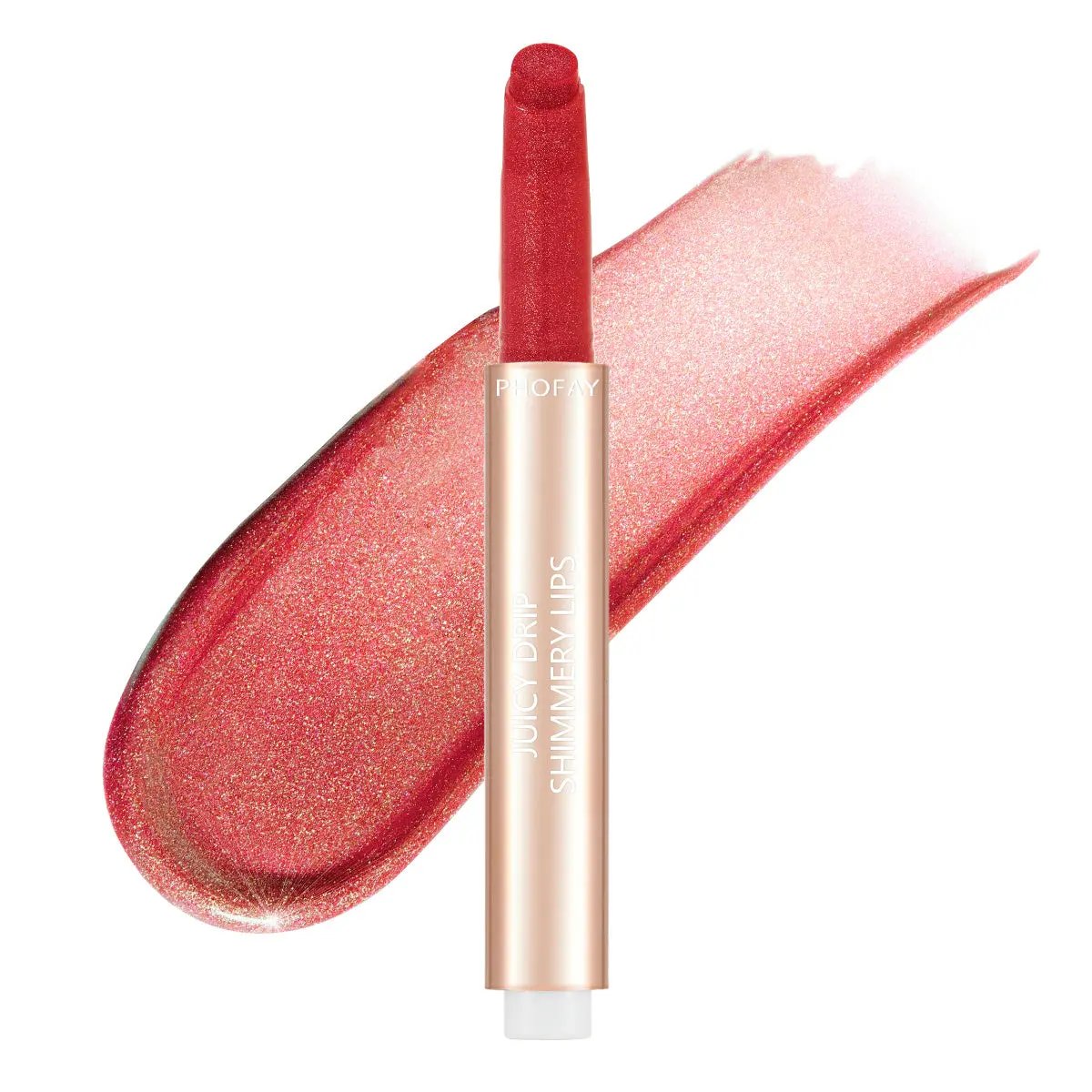 Red PHOFAY Juicy Lip Plump gloss with shimmery, glossy finish and sleek gold tube.