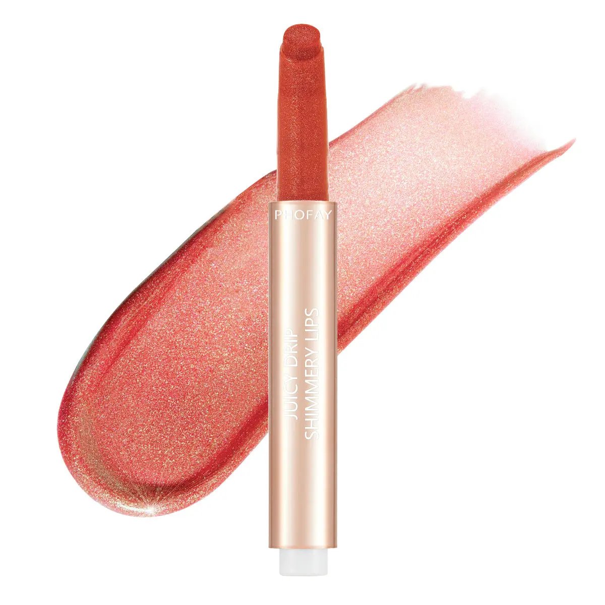 PHOFAY Juicy Lip Plump gloss in shimmery coral with a smooth, glossy finish and metallic rose gold tube.