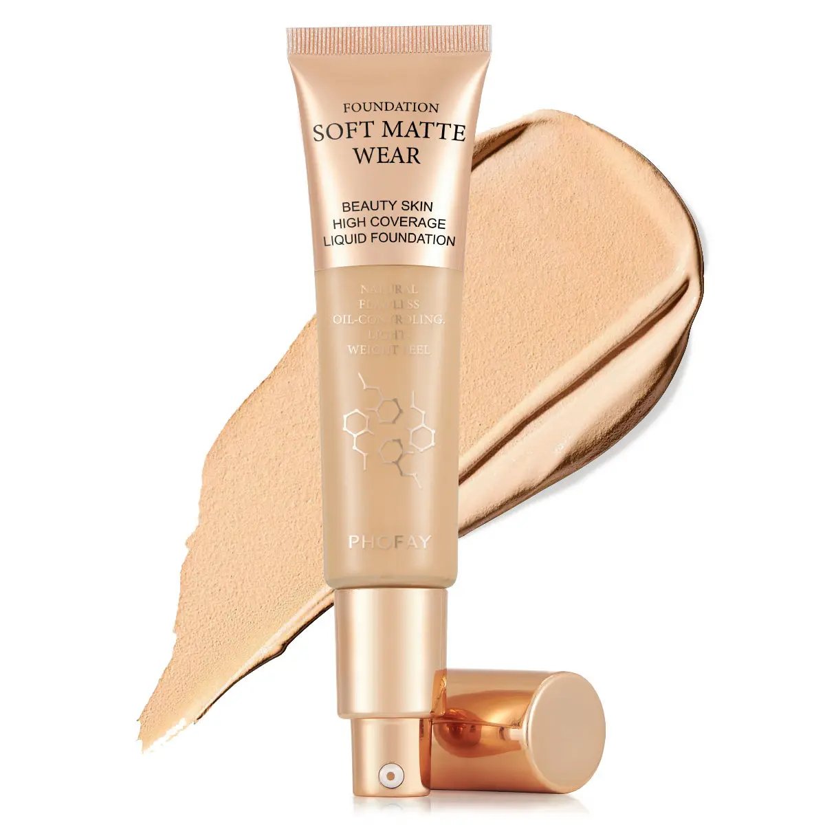 Matte beige PHOFAY soft matte wear liquid foundation tube with foundation swatch behind.