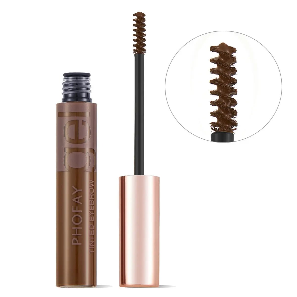 Brown tinted eyebrow gel tube with black spoolie brush and rose gold cap, close-up of bristles.