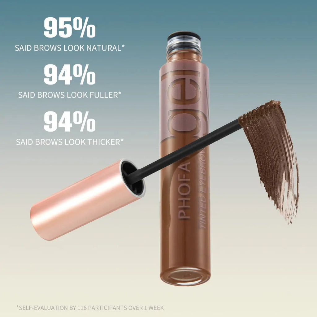 PHOFAY Tinted Eyebrow Gel in medium brown with brush applicator and swatch showing smooth, natural finish.