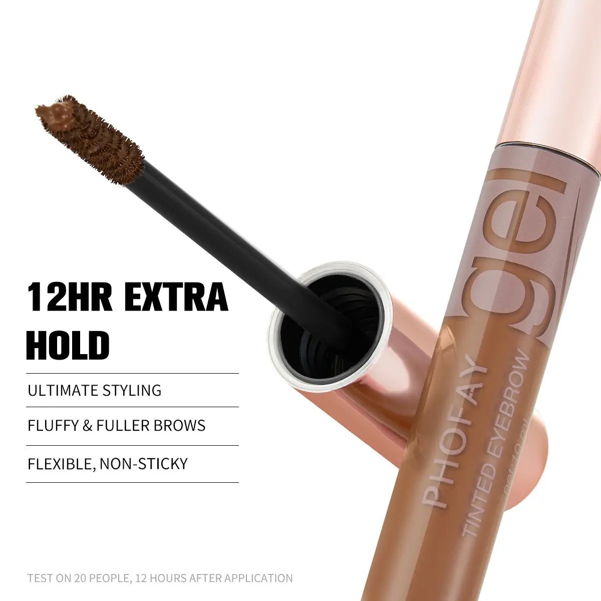 PHOFAY waterproof tinted eyebrow gel with angled brush applicator in warm brown shade.