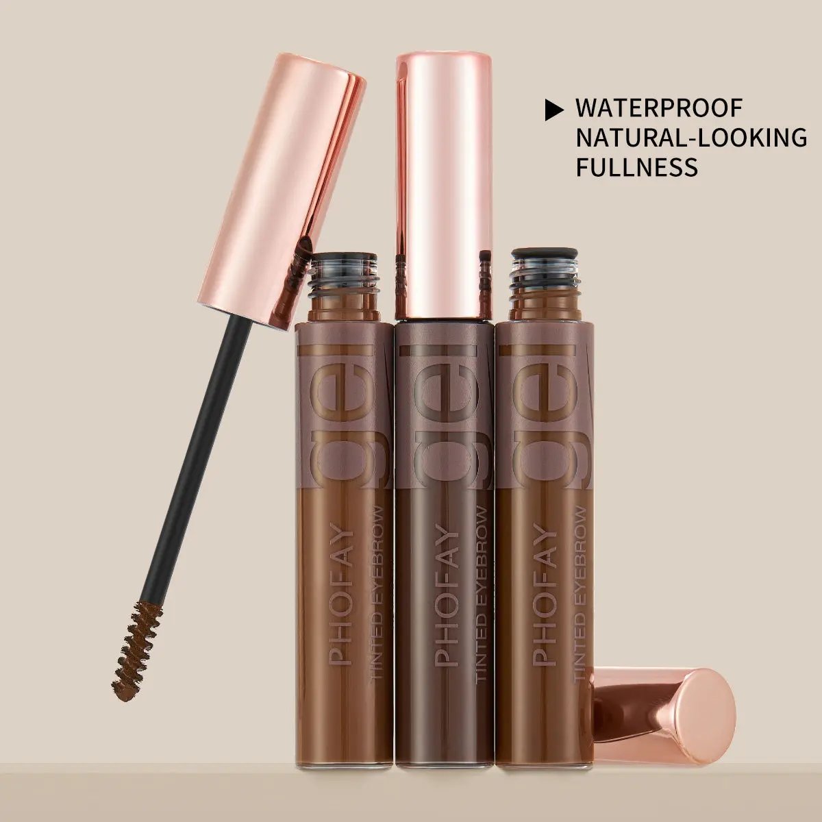 Three tubes of PHOFAY Tinted Eyebrow Gel in varying brown shades with open cap and spoolie brush visible.