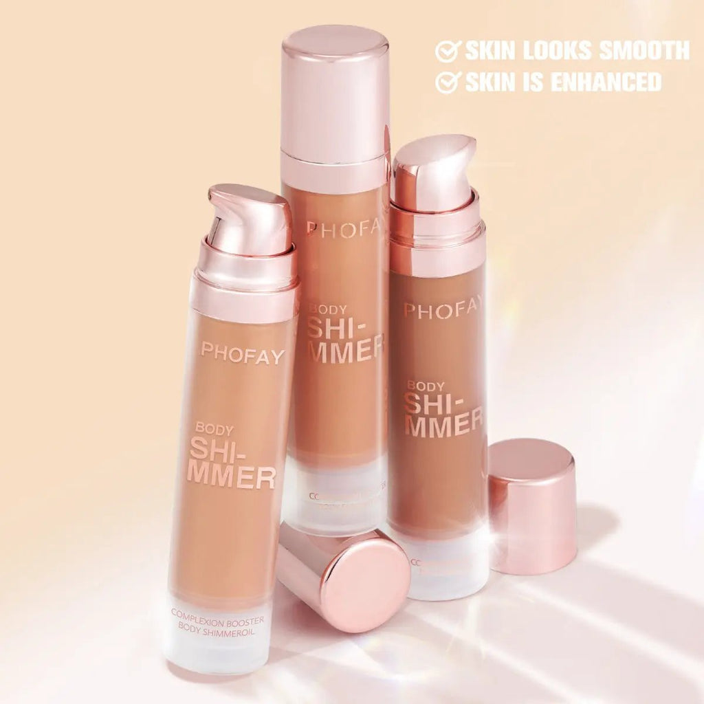 Three PHOFAY Body Shimmer Oil bottles in gradient golden, bronze, and rose gold with rose gold caps on a light background.