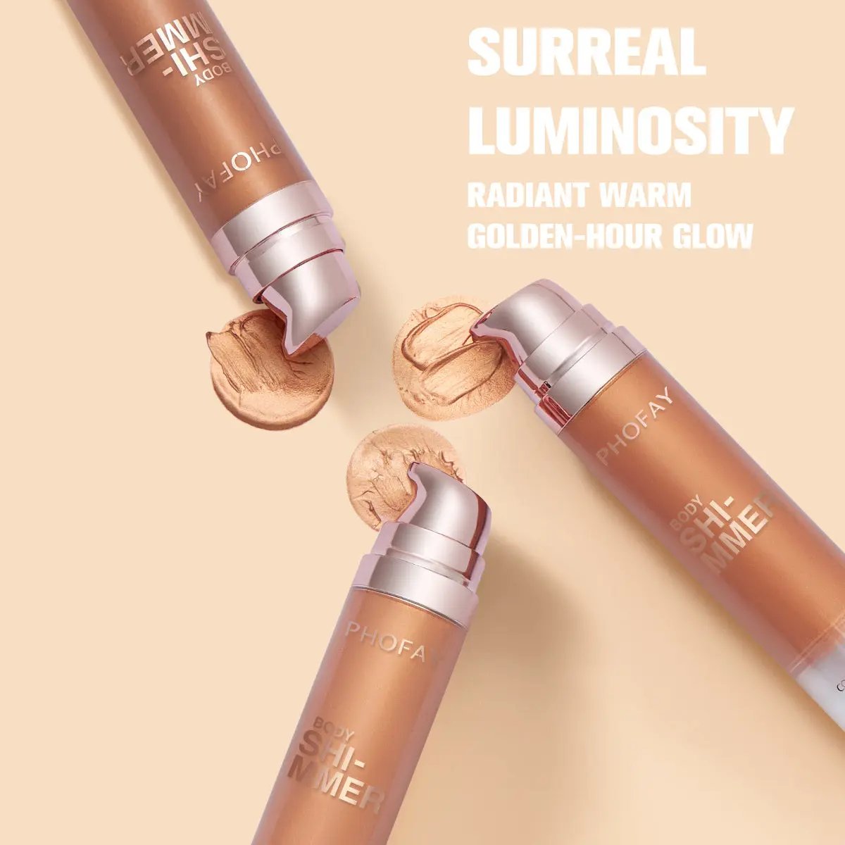 Three golden-brown bottles of PHOFAY Body Shimmer Oil with pumps dispensing shimmering oil on a beige background.