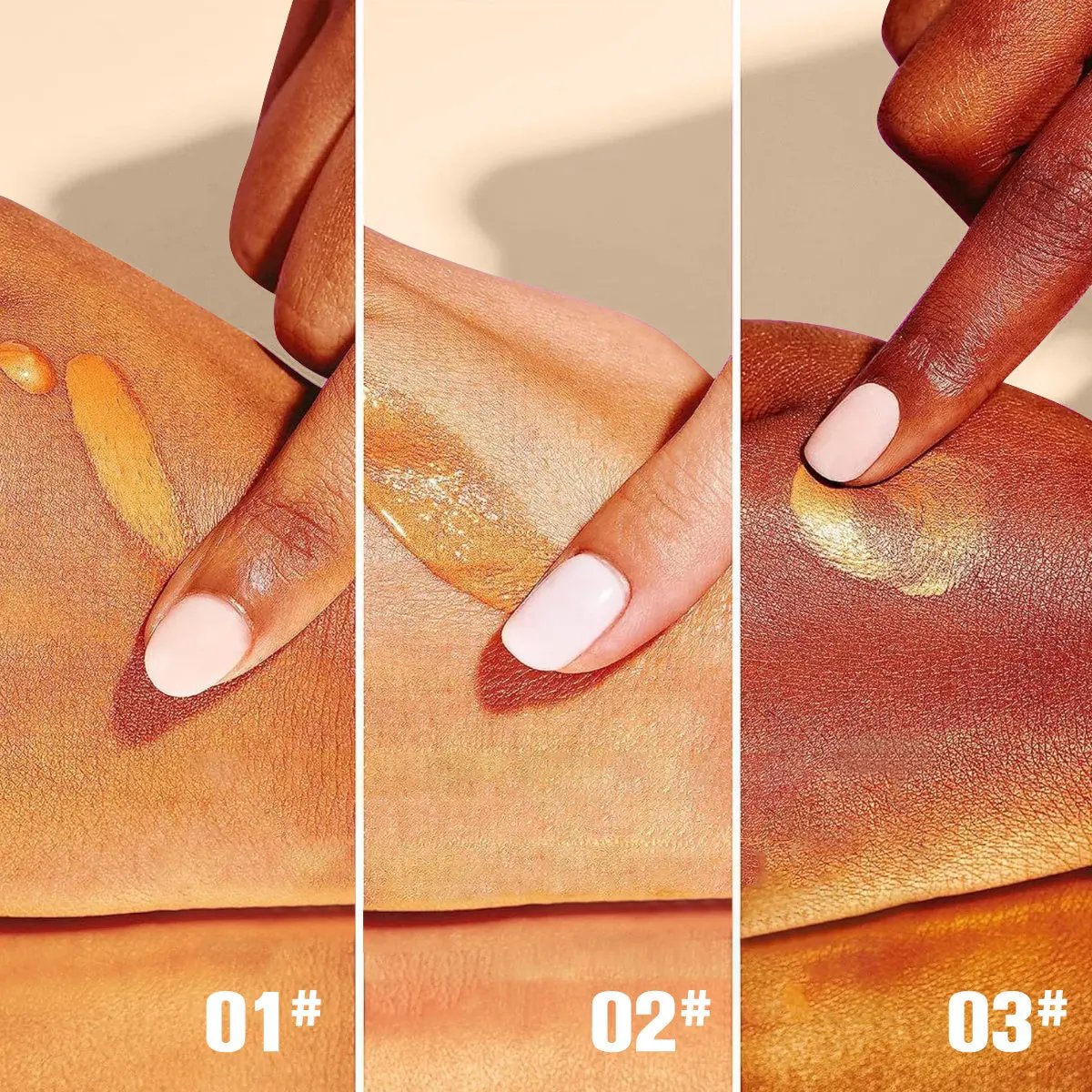Three swatches of PHOFAY Body Shimmer Oil on dark skin showing golden, champagne, and bronze shimmer shades.