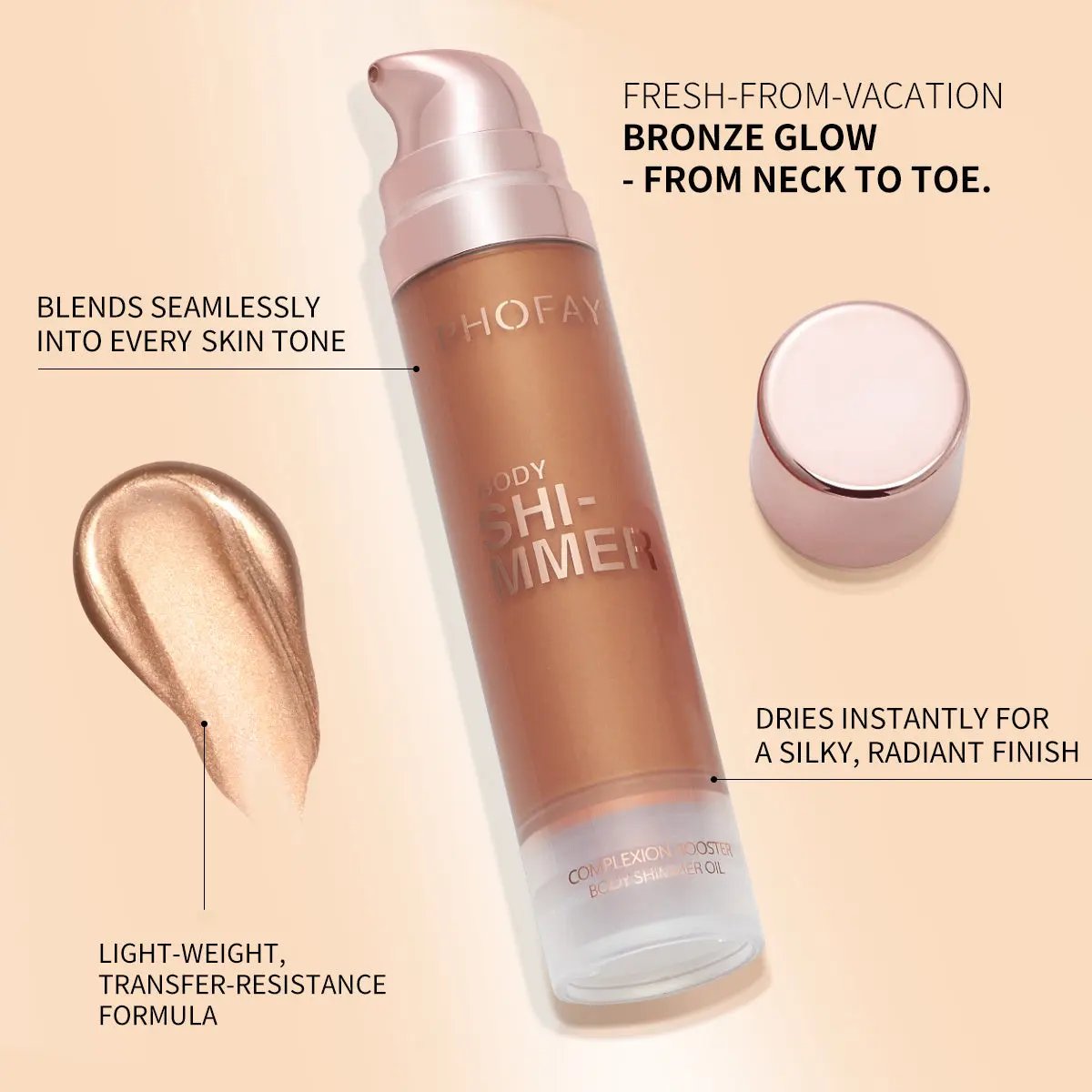 PHOFAY Body Shimmer Oil bottle with bronze glow shade, pump dispenser, and creamy shimmer swatch.