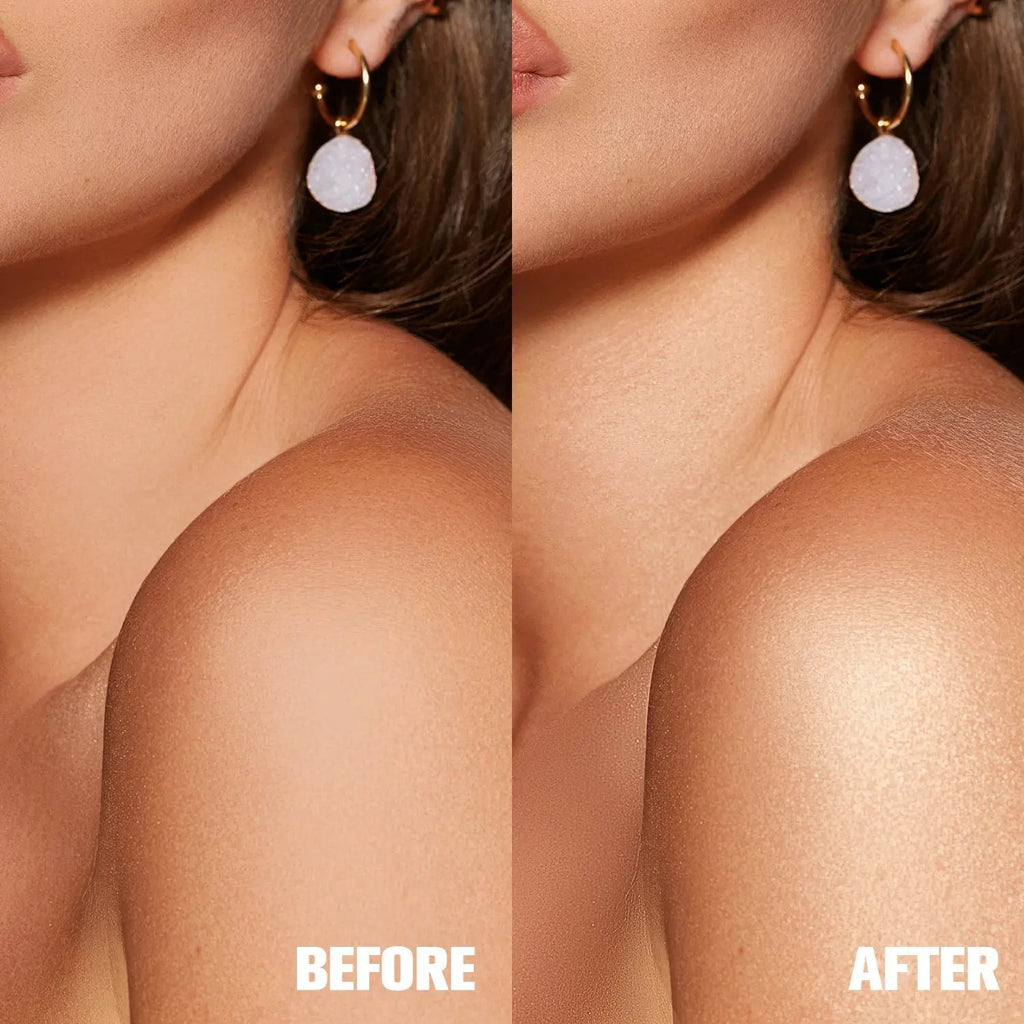 Close-up of shoulder showing natural skin tone before and radiant, glowing skin with golden shimmer after applying body.