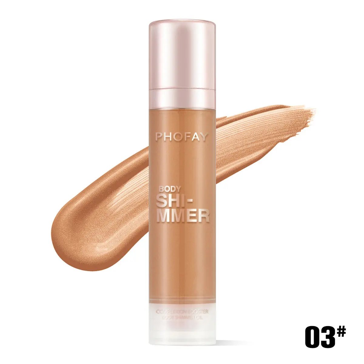 PHOFAY Body Shimmer Oil in shade 03 with golden bronze shimmer and sleek pump bottle packaging.