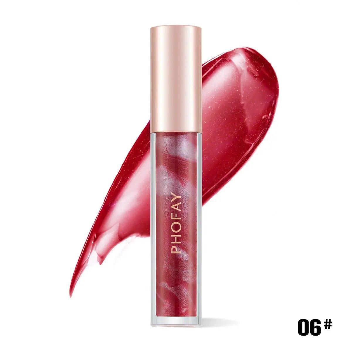 PHOFAY Rose Blooming Lip Gloss in deep rose shade with metallic rose gold cap and subtle shimmer.