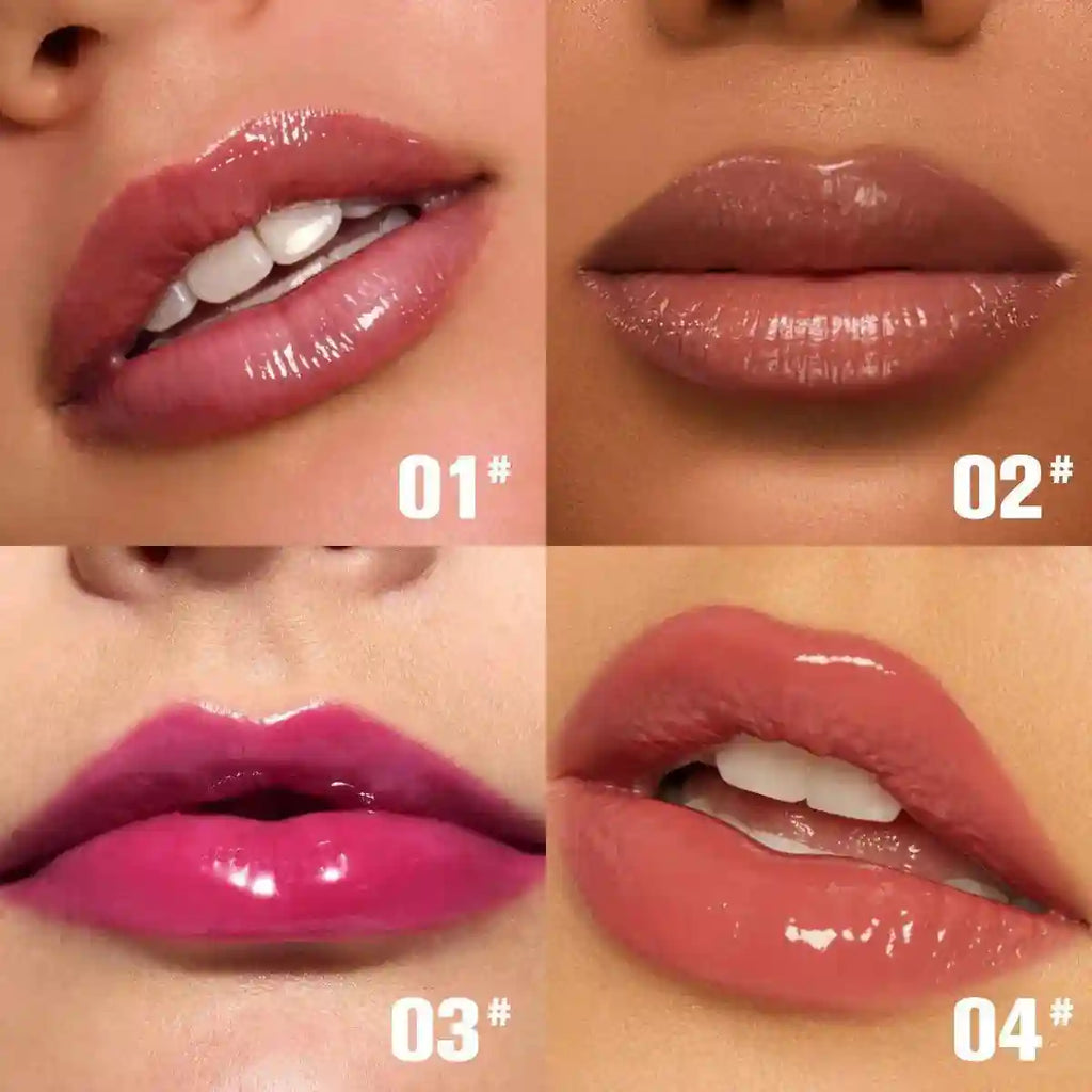 Four close-ups of lips wearing PHOFAY Rose Blooming Lip Gloss shades 01 deep rose, 02 soft nude, 03 bright fuchsia, and 04.